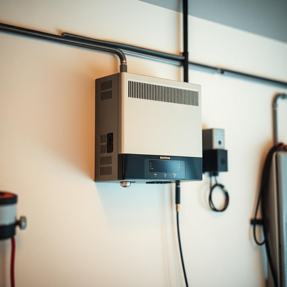 High-tech solar inverter mounted on a clean garage wall with glowing LED indicators